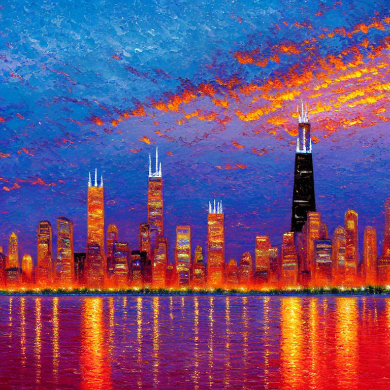 Impressionist-style cityscape painting at sunset with water reflections