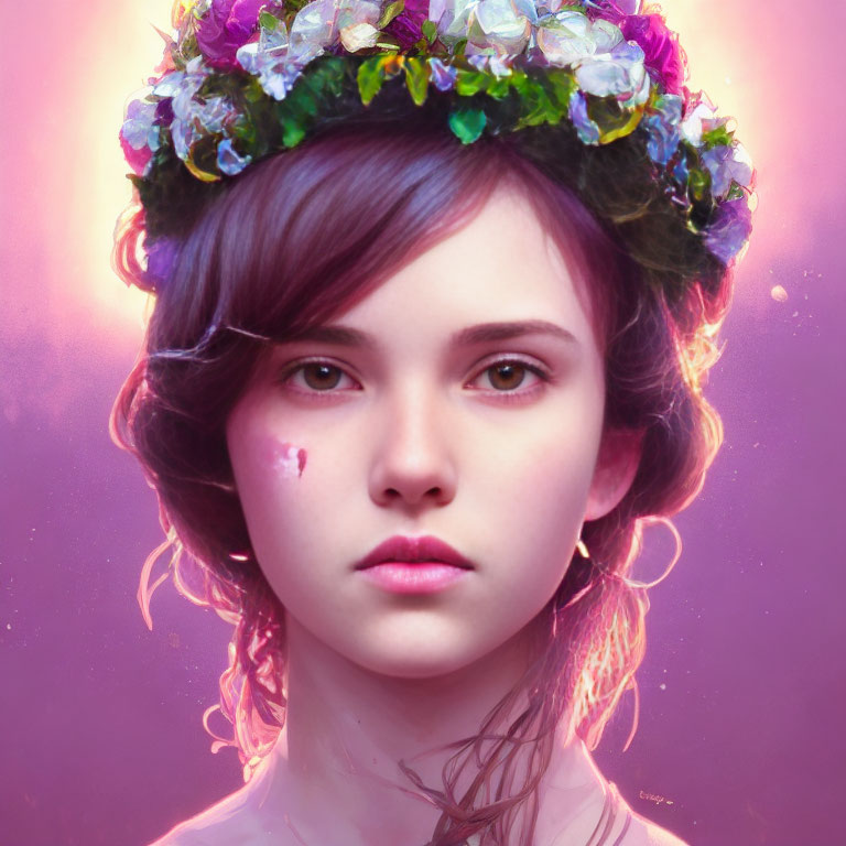 Digital portrait of a woman with flower crown, intense eyes, and scar on cheek on purple background