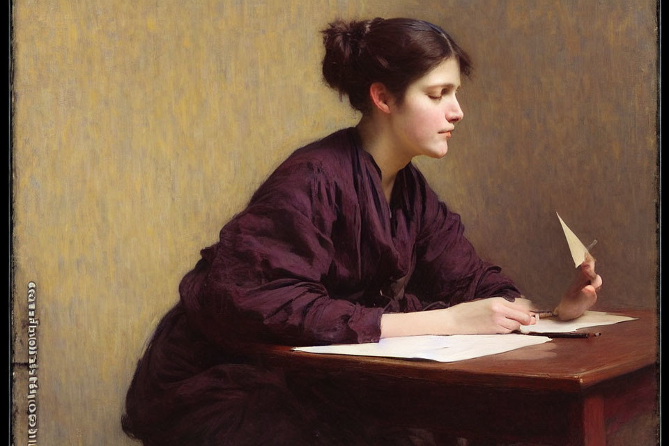 Woman in Purple Dress Reading Letter at Wooden Table