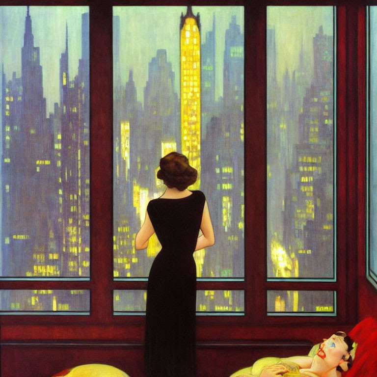 Two women in black dress by window with city skyline view at twilight