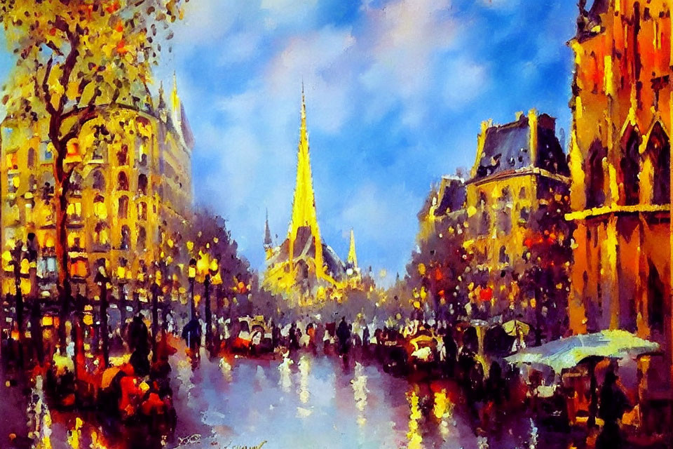 Vibrant Paris Street Scene with Eiffel Tower in Impressionist Style