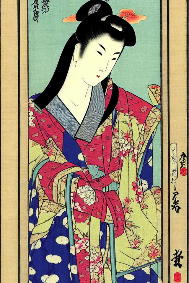 Traditional Japanese Woodblock Print of Geisha in Floral Kimono