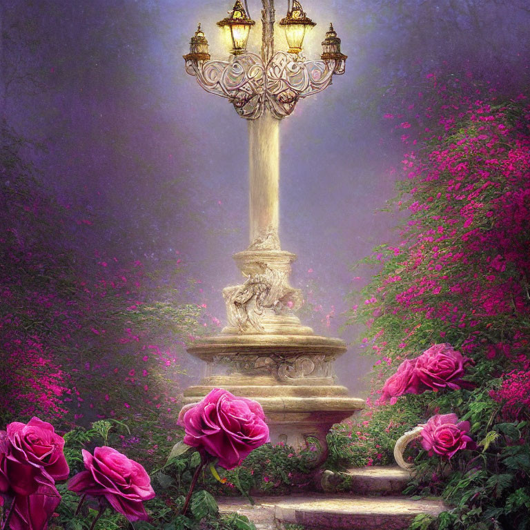 Ornate street lamp surrounded by vibrant pink flora and mystical foggy backdrop