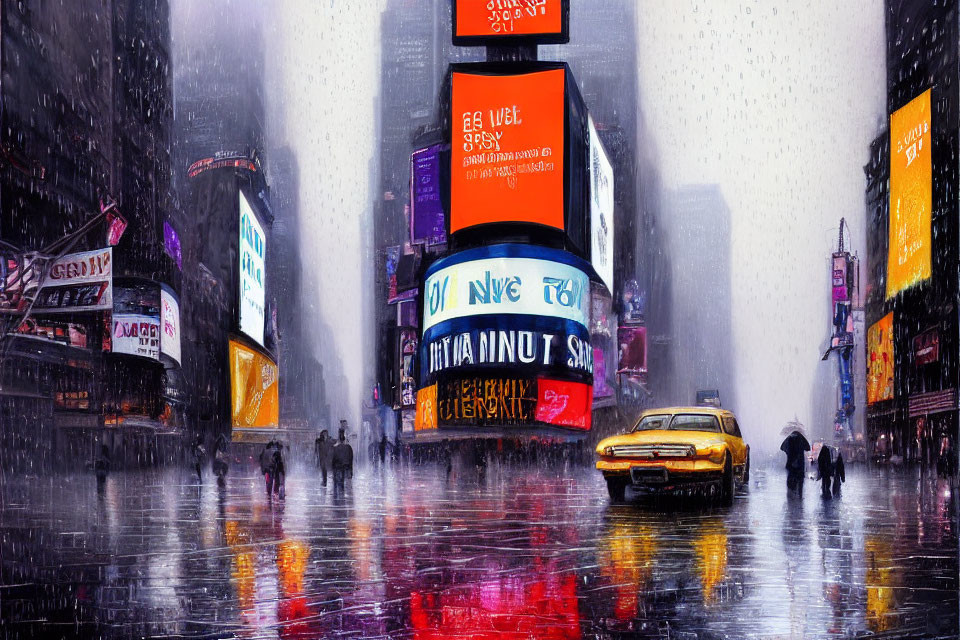 Snowy Times Square with Digital Billboards and Yellow Cab