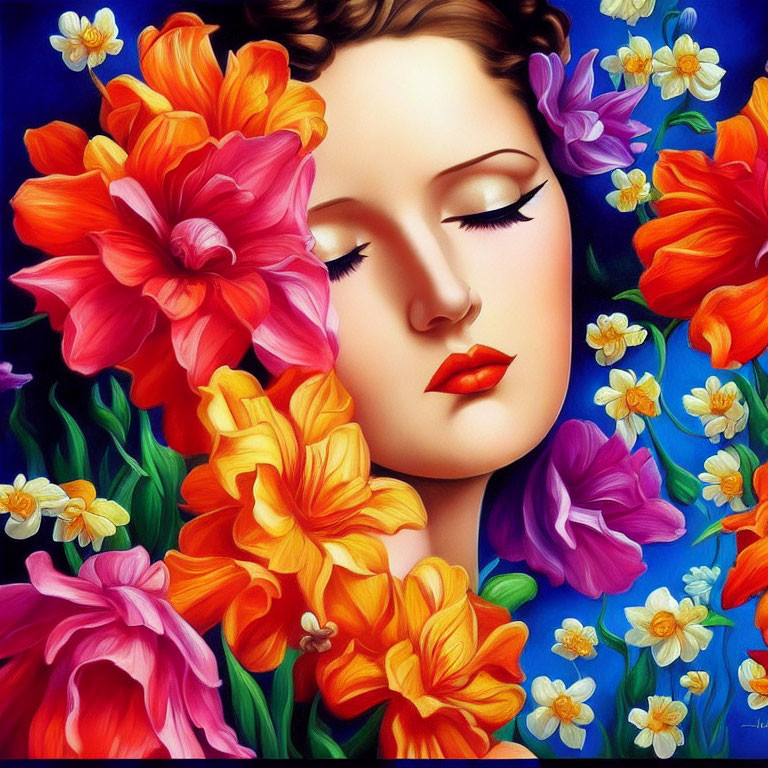 Vibrant floral portrait of a woman with closed eyes on blue background