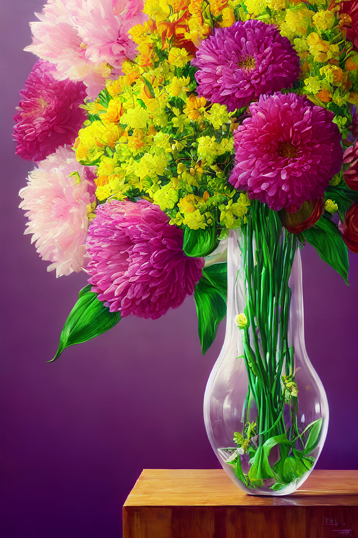 Pink and Yellow Peony Bouquet in Glass Vase on Wooden Surface