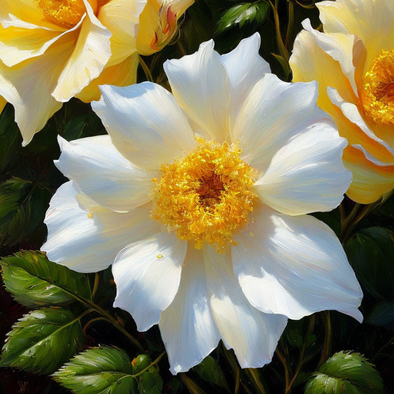 Large White Flower Painting with Golden Center and Yellow Blooms