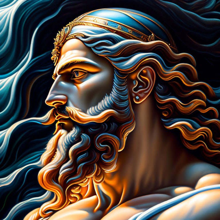 Majestic man with flowing hair, beard, and crown in dramatic lighting and contrasting colors.