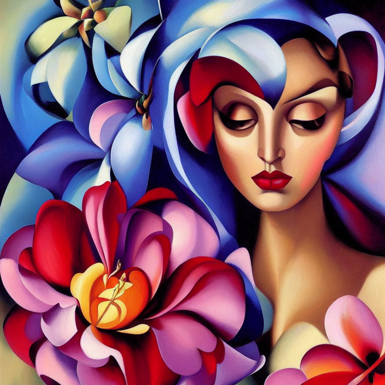 Colorful painting of stylized woman with red lips and blue headscarf amidst abstract florals