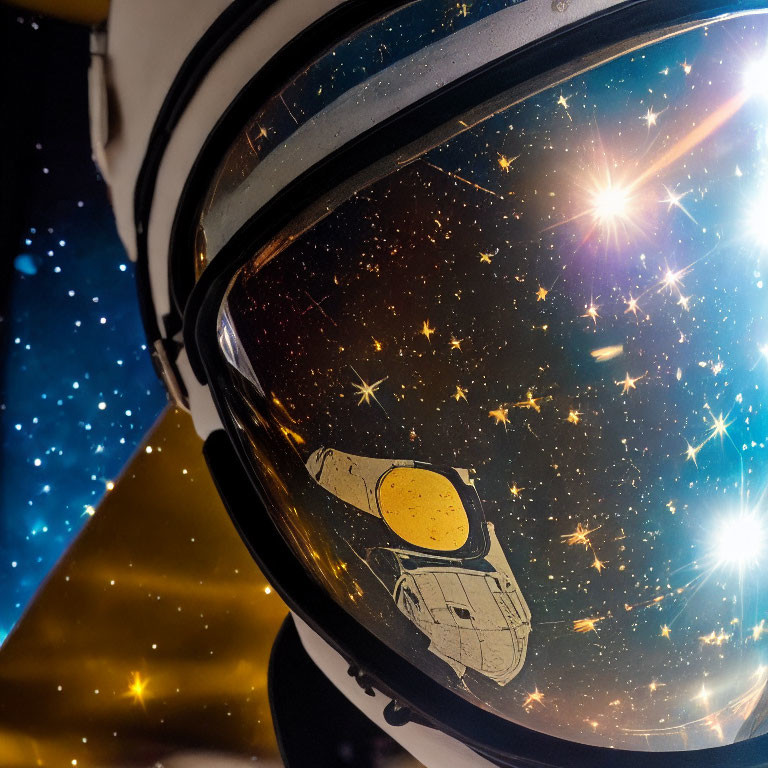 Space shuttle reflected in astronaut's helmet visor under starry sky