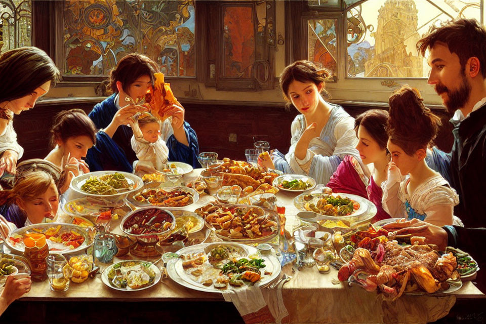 Group of People Enjoying Bountiful Feast in Room with Stained Glass Windows