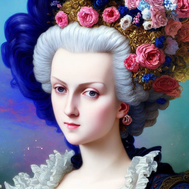 Colorful portrait of woman with blue hair, adorned with flowers and lace collar on cloud-like backdrop