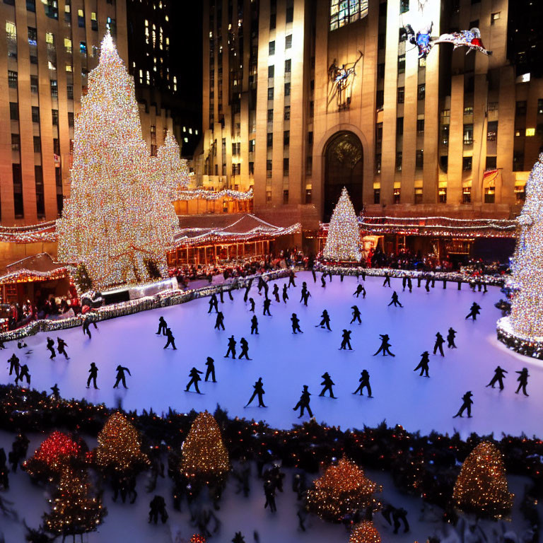 Festive outdoor ice-skating rink with Christmas tree & decorations