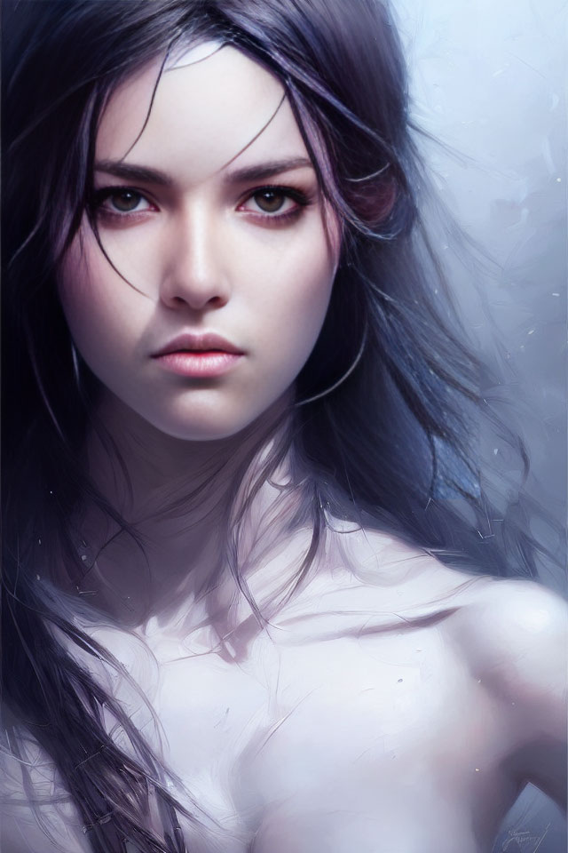 Portrait of Woman with Dark Hair and Brown Eyes in Misty Setting