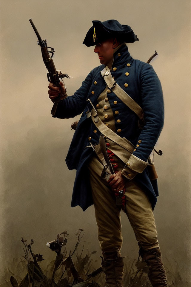 Revolutionary War soldier in blue uniform with flintlock rifle against misty backdrop