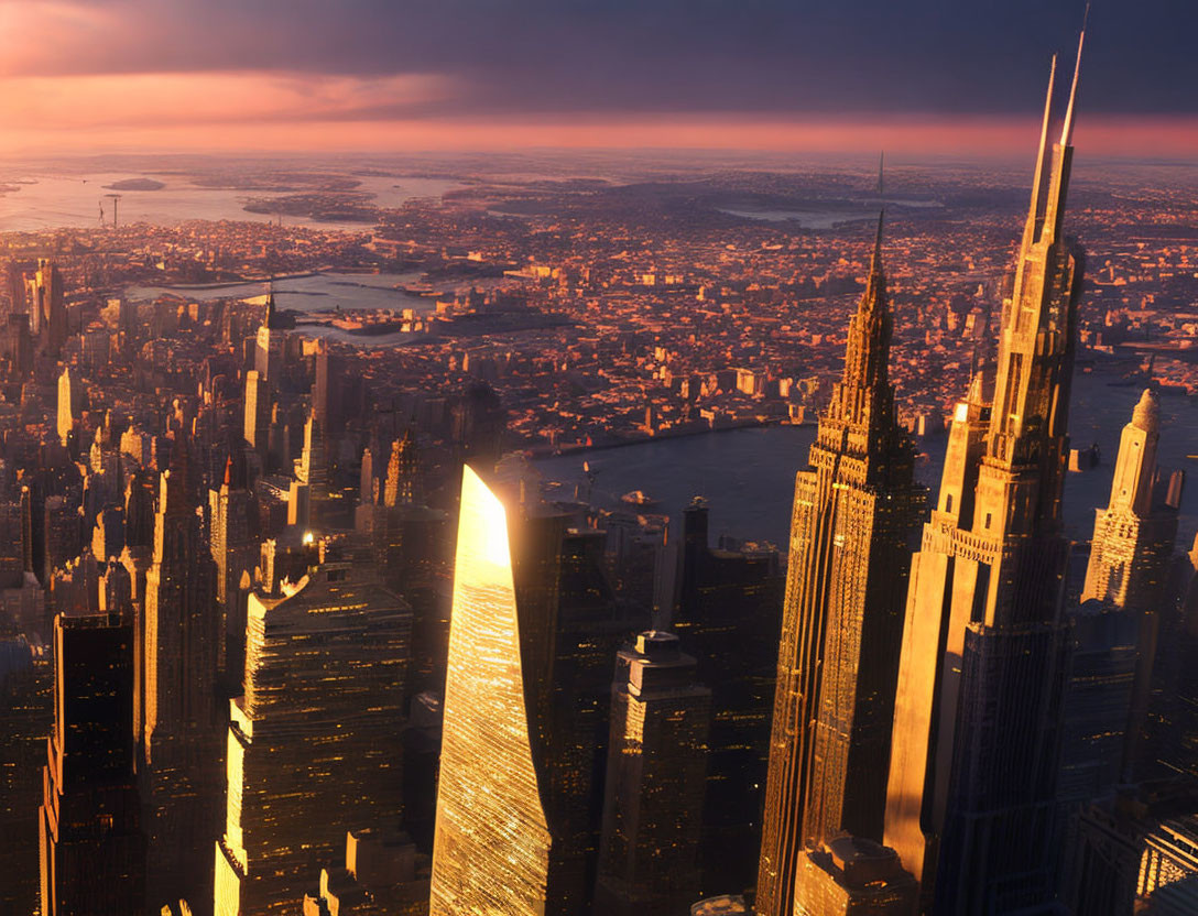 City skyline at sunset with golden-lit skyscrapers and river view