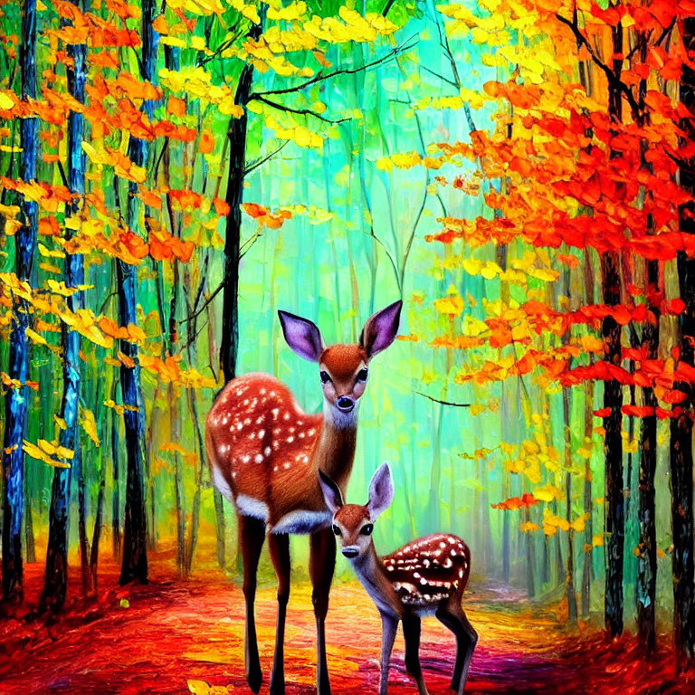 Digital Artwork: Deer and Fawn in Colorful Autumn Forest