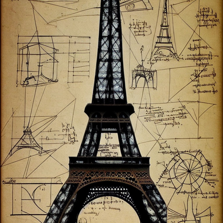 Historical architectural sketches overlay Eiffel Tower silhouette