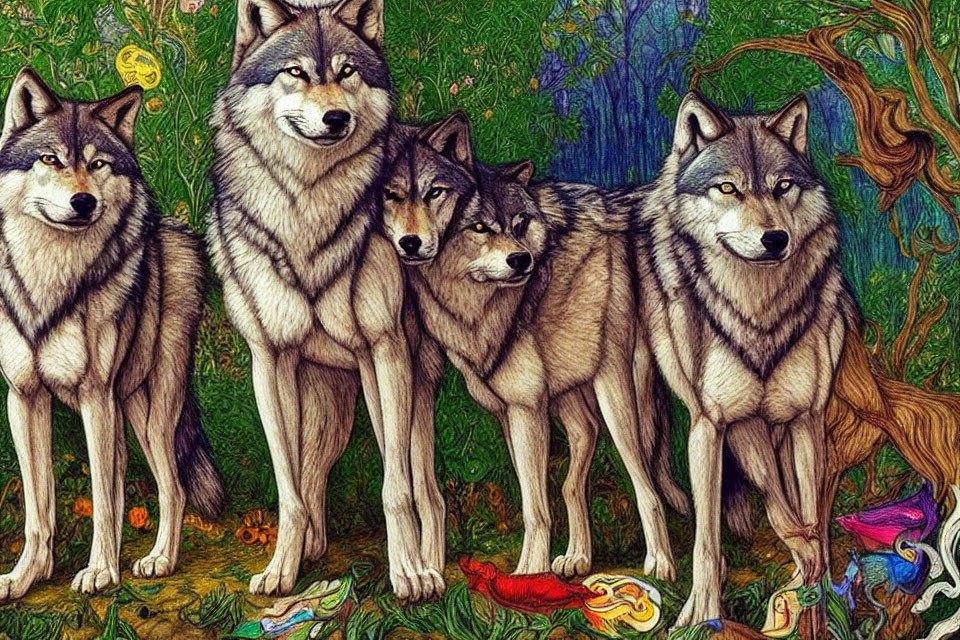 Detailed Realistic Wolves in Colorful Forest Setting