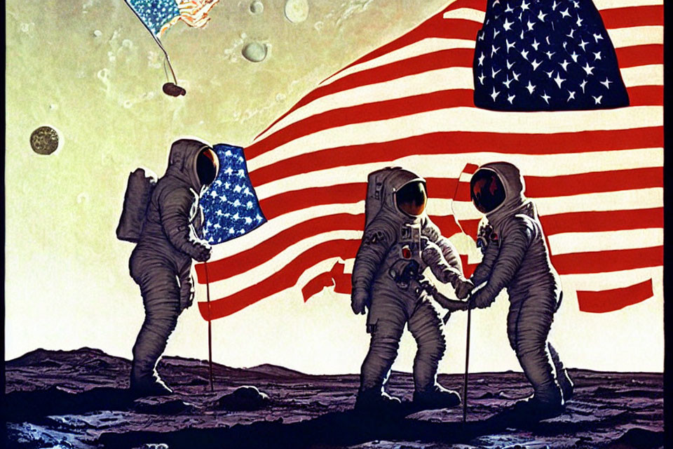 Astronauts shaking hands on lunar surface with American flag and Earth in background