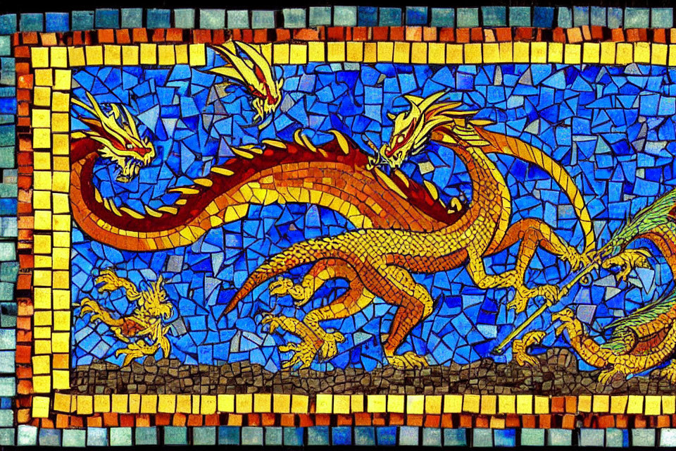 Colorful mosaic of golden dragon with multiple heads in fiery and azure hues