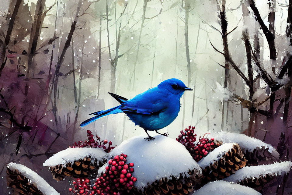 Bluebird perched on snow-covered branches in misty forest landscape