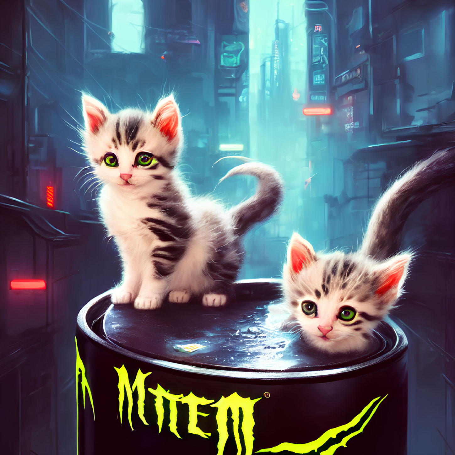 Two kittens on a barrel in neon-lit cyberpunk alleyway