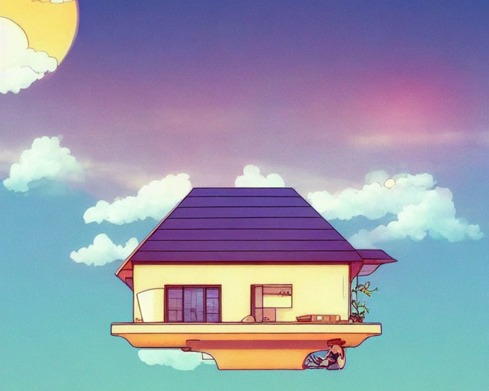 Floating house with blue roof under pastel sky with yellow sun and small figure