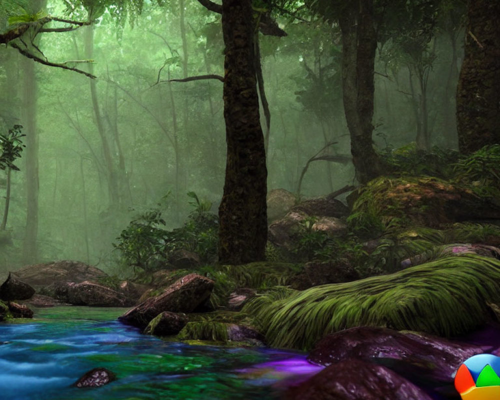 Tranquil forest scene with purple stones, lush greenery, and colorful stream