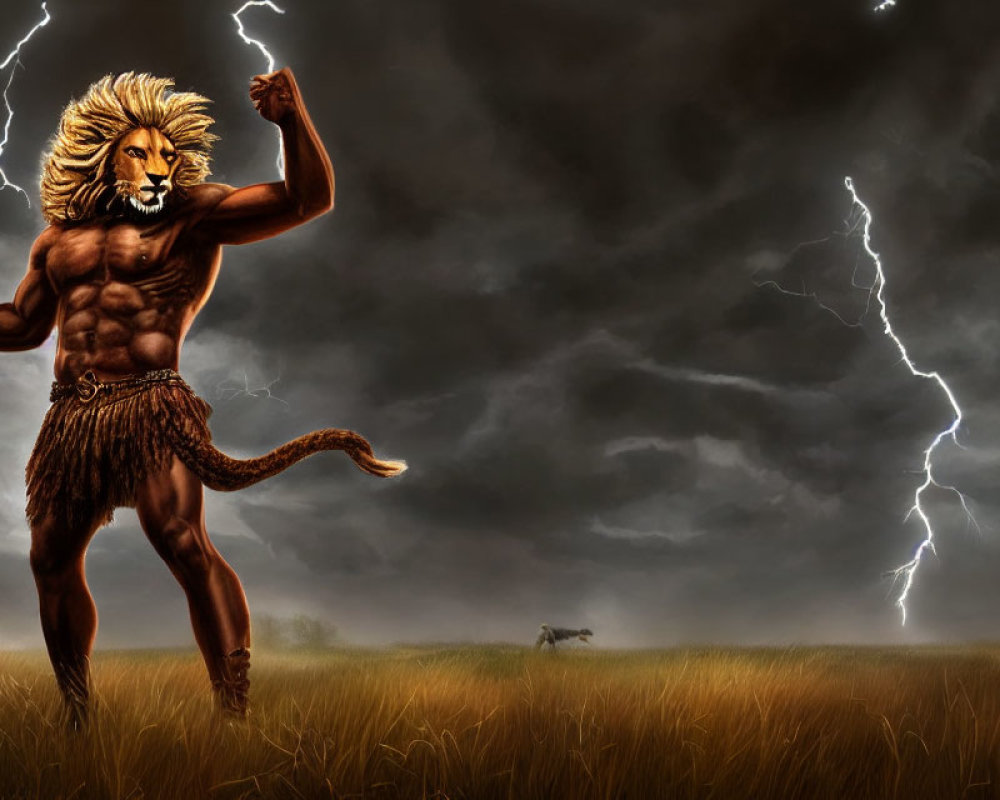 Anthropomorphic lion warrior with spear in stormy savanna landscape