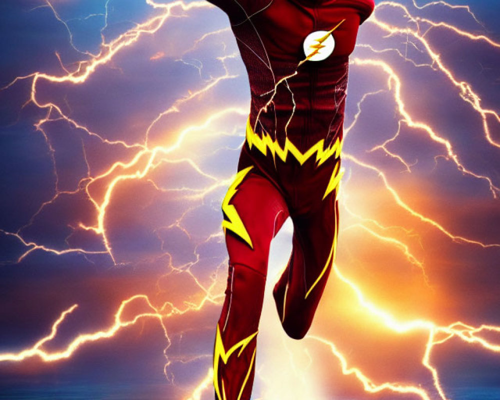 Superhero in red and yellow costume with lightning bolt emblem running against lightning bolts