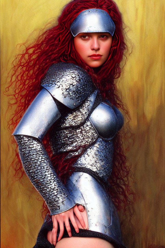 Red-Haired Woman in Silver Medieval Armor on Yellow Background