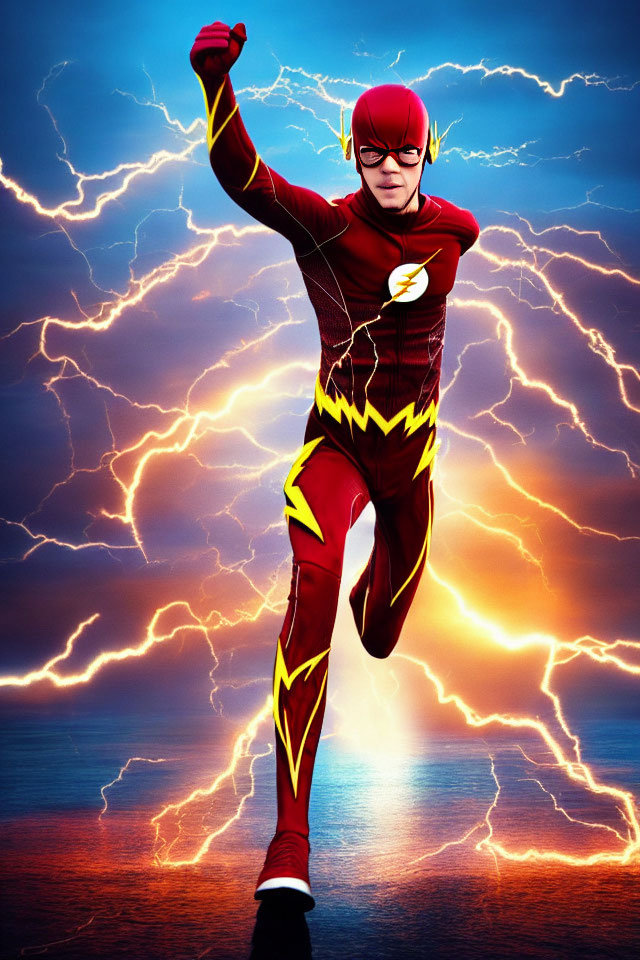 Superhero in red and yellow costume with lightning bolt emblem running against lightning bolts