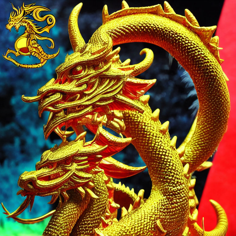 Golden Dragon Sculpture Against Blue and Red Background