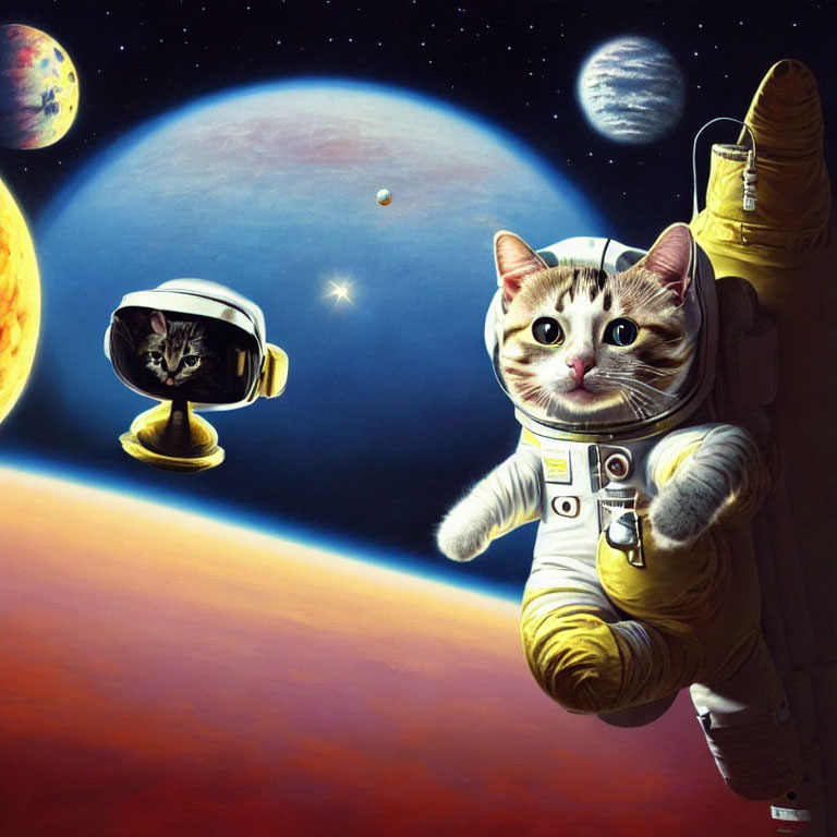 Two Cats Dressed as Astronauts Floating in Space with Planets