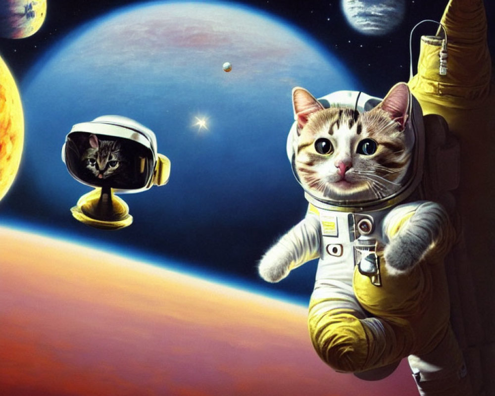 Two Cats Dressed as Astronauts Floating in Space with Planets