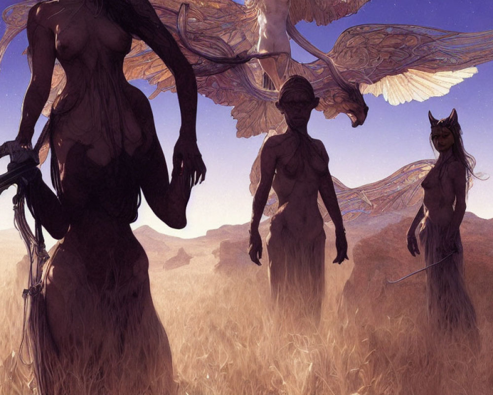 Ethereal humanoid figures with wings in a field under warm sky