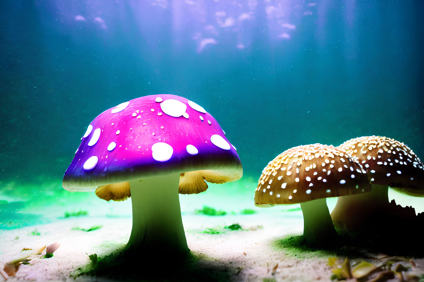 Colorful Stylized Mushroom Illustration Underwater with Light Rays