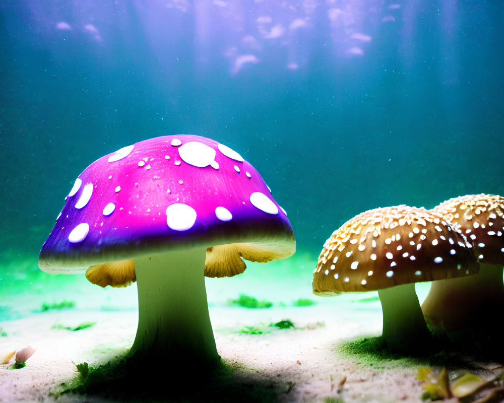 Colorful Stylized Mushroom Illustration Underwater with Light Rays