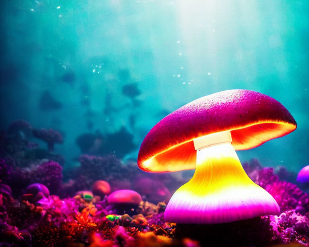 Colorful Neon-Lit Mushroom on Underwater Seabed with Fish Silhouettes