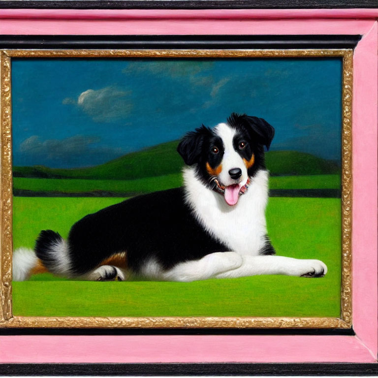 Black and White Dog Painting on Green Grass with Pink Frame