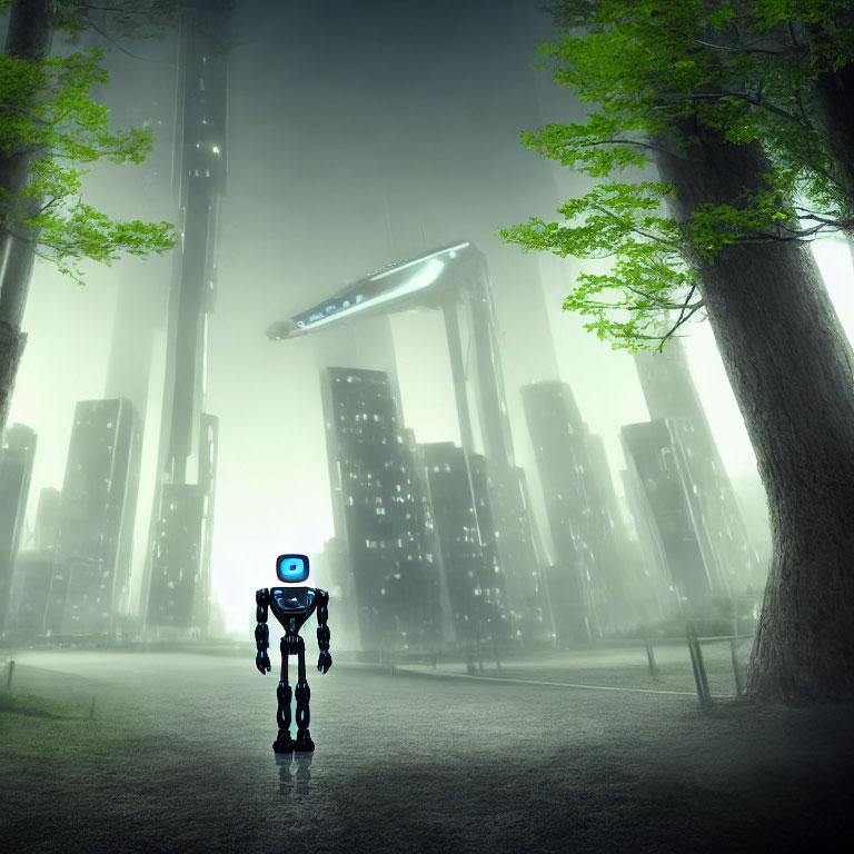 Robot with glowing eyes in foggy city park at night with hovering spacecraft