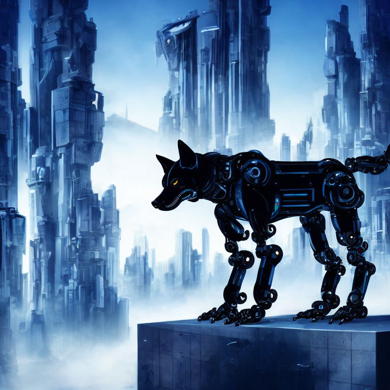 Futuristic robotic dog in misty cityscape