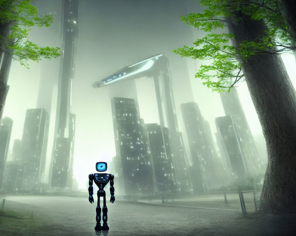 Robot with glowing eyes in foggy city park at night with hovering spacecraft