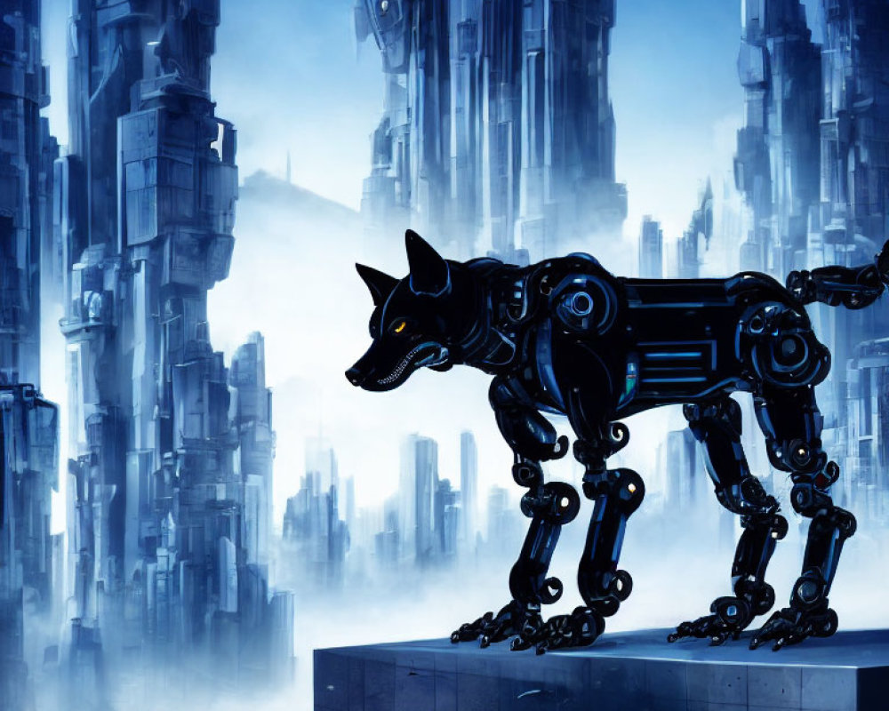 Futuristic robotic dog in misty cityscape