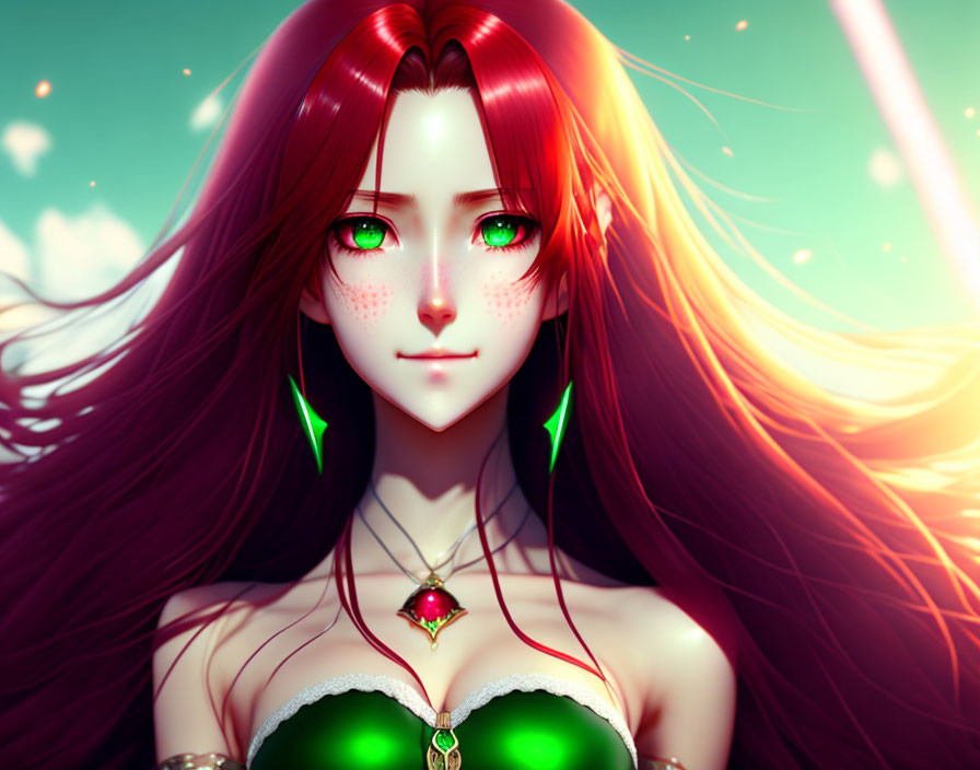 Vibrant illustration: Red-haired woman with green eyes and freckles