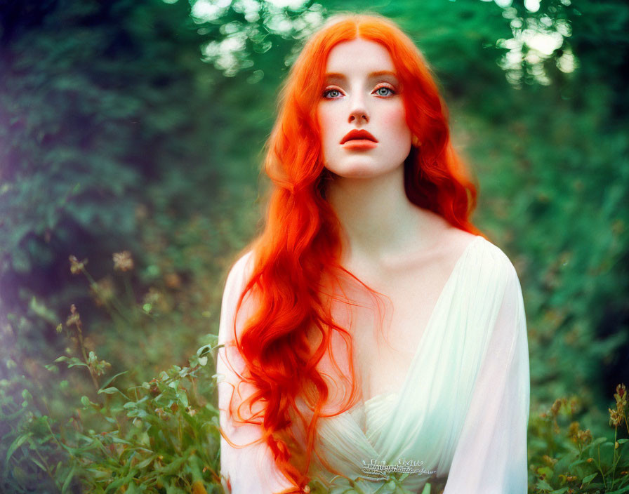 Red-haired woman in white dress among lush greenery gazes sideways.