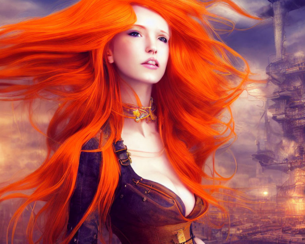 Woman with orange hair in steampunk corset against industrial backdrop