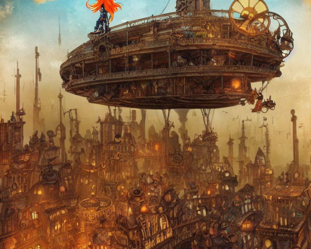 Orange-Haired Character on Steampunk Airship Observing Cityscape