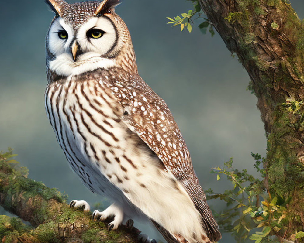 Owl perched on tree branch against blue misty background